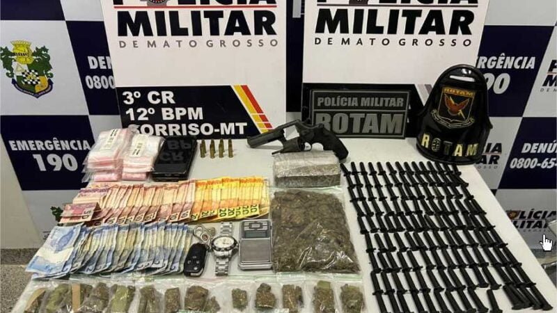 Polícia Militar prende três pessoas e apreende arma de fogo e drogas em Sorriso