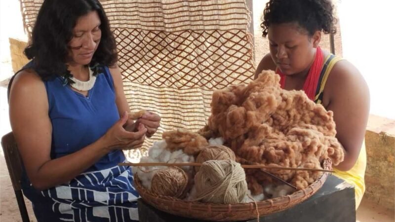 Peças de algodão orgânico colorido produzido por indígenas Bakairi com auxílio da Empaer são expostas em Londres