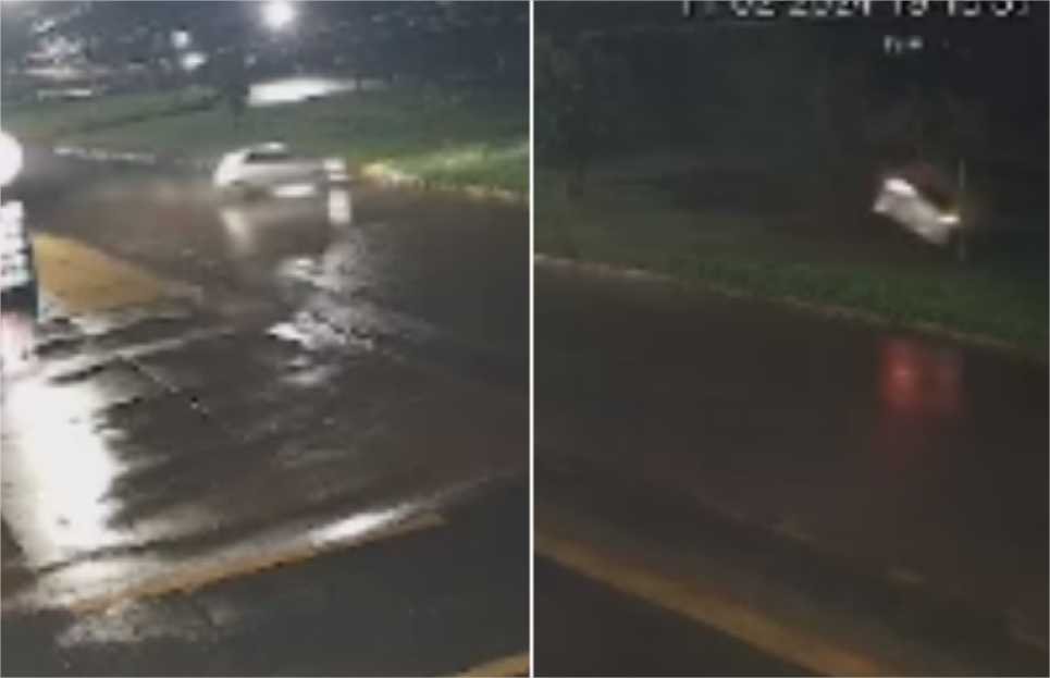 Carro sobe canteiro, bate em árvore e capota em MT