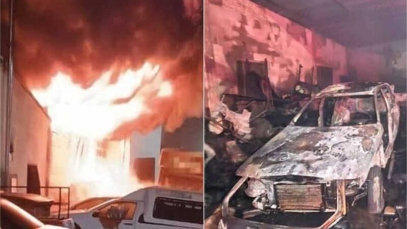 Carro pega fogo e incêndio se alastra em oficina mecânica; veja