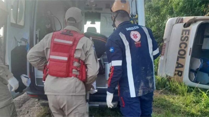 Cinco crianças são socorridas após micro-ônibus escolar tombar em rodovia