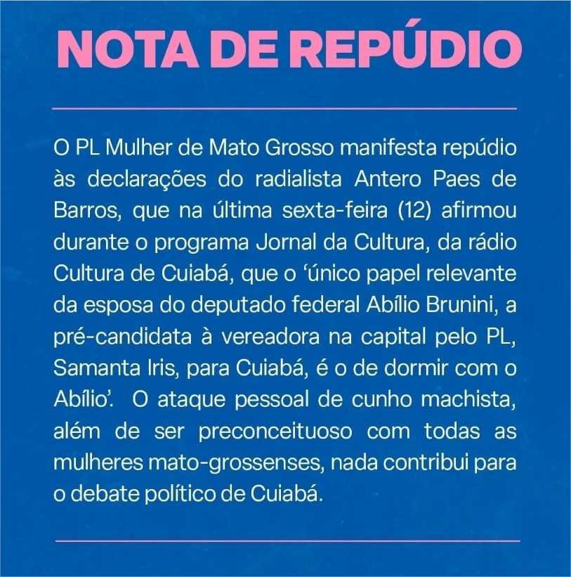 PL mulher repudia declaração machista de radialista de Cuiabá