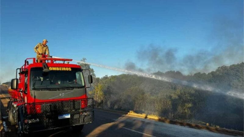 Corpo de Bombeiros combate incêndio em vegetação nas proximidades da BR-070