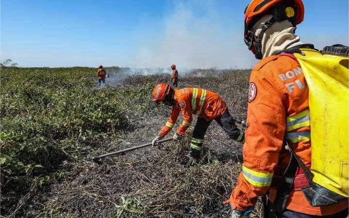 Corpo de Bombeiros continua combate ao incêndio em Porto Conceição neste sábado (13)