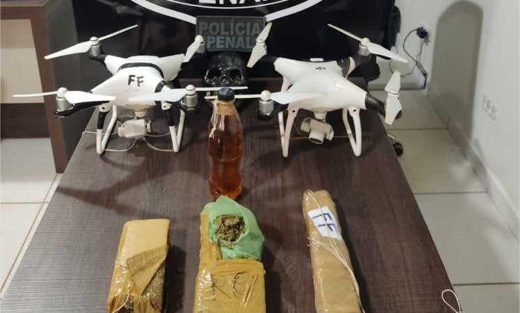Policiais penais interceptam drones com drogas e bebida que seriam arremessados na Penitenciária Mata Grande
