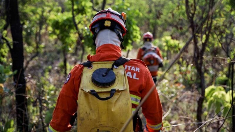 Bombeiros de MT combatem incêndio em área de difícil acesso no Portão do Inferno