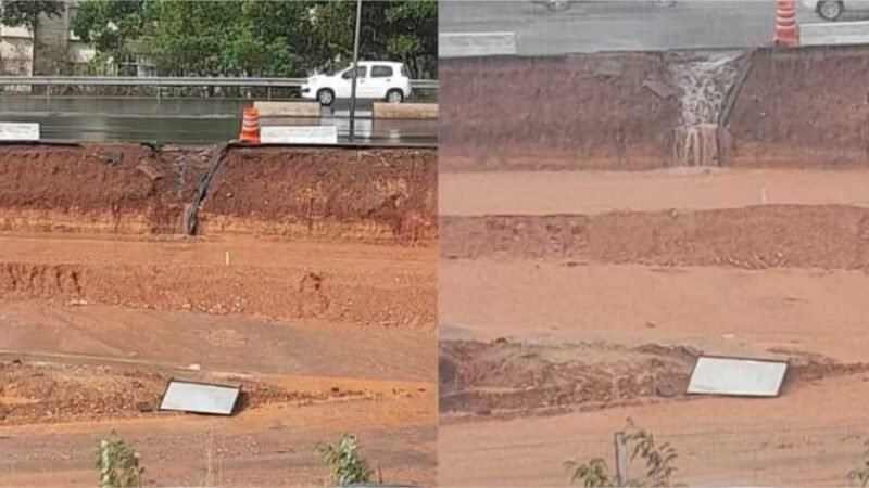 Asfalto cede durante a chuva em trecho das obras na avenida Miguel Sutil