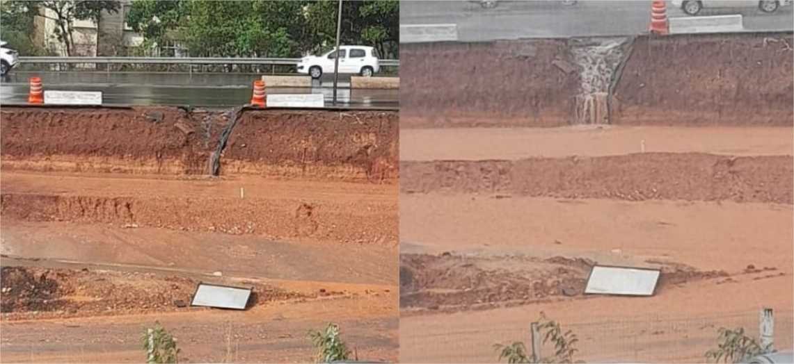 Asfalto cede durante a chuva em trecho das obras na avenida Miguel Sutil