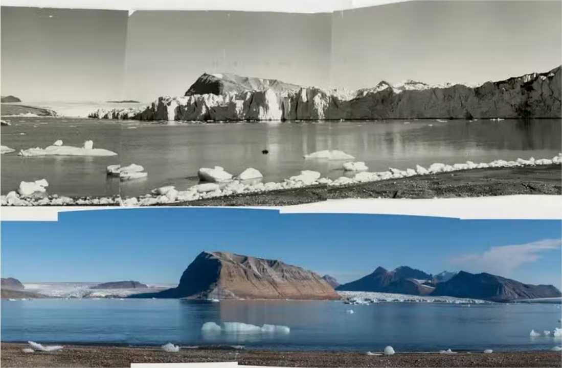 Fotos tiradas com 6 décadas de diferença mostram geleira derretendo no Ártico