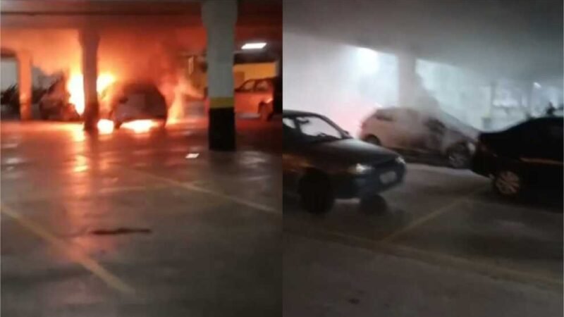 Homem ateia fogo em carro dentro de estacionamento de supermercado e foge de moto; veja vídeos