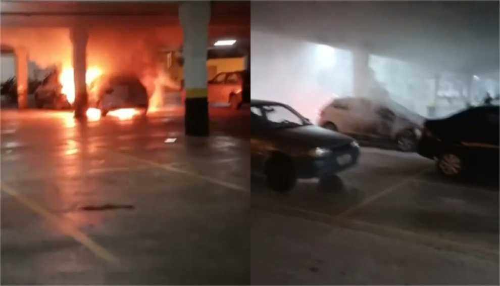 Homem ateia fogo em carro dentro de estacionamento de supermercado e foge de moto; veja vídeos