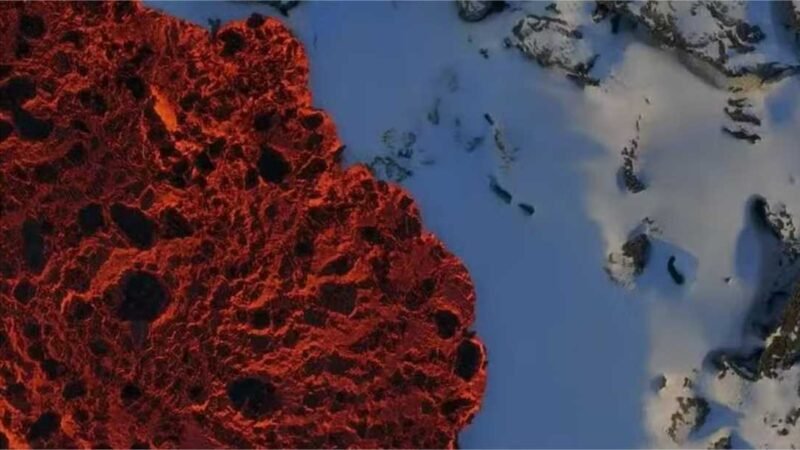 Imagens impressionantes mostram lava de vulcão avançando por montanha coberta de neve