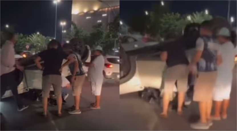 Mulher capota carro na frente de shopping center em Cuiabá