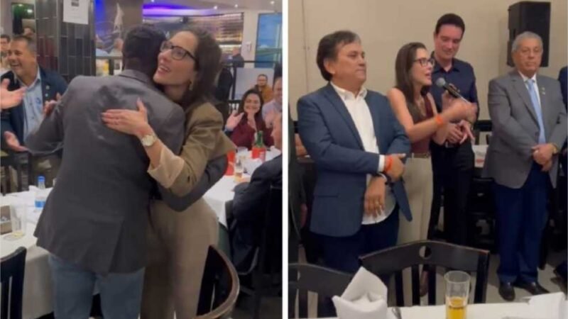 Janaina Riva é recebida aos gritos de “Senadora”, ao lado de Léo Bortolin (vídeo)