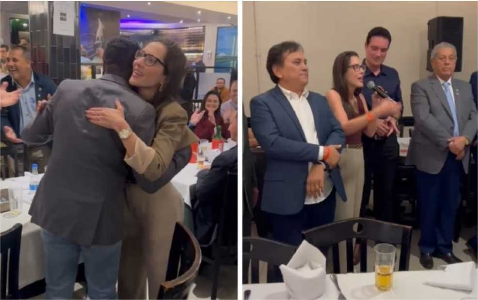 Janaina Riva é recebida aos gritos de “Senadora”, ao lado de Léo Bortolin (vídeo)