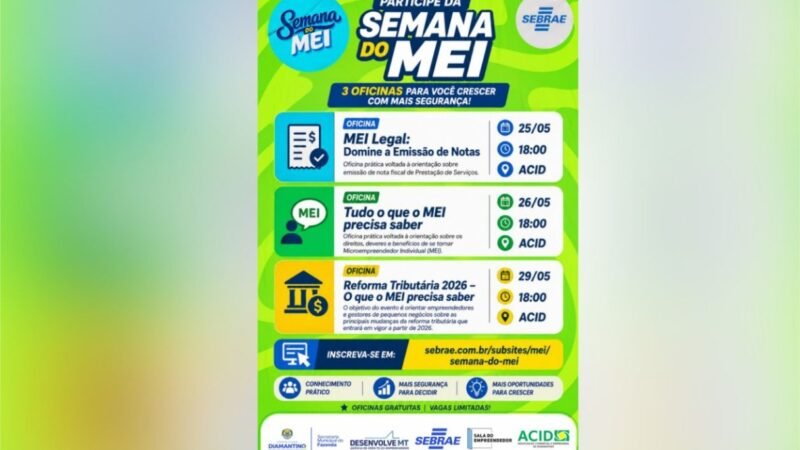 Vem aí a Semana do MEI com capacitações gratuitas em Diamantino