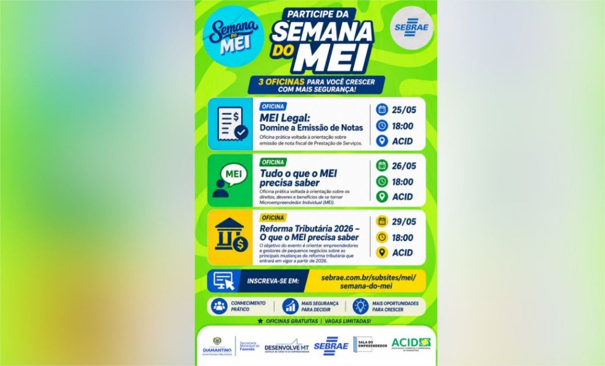 Vem aí a Semana do MEI com capacitações gratuitas em Diamantino