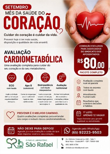 Setembro Vermelho: parceria oferece avaliação cardiometabólica a associados do SINDJOR-MT por R$ 80