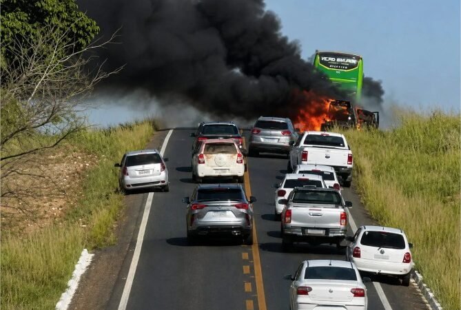 Incêndio consome veículo por completo e assusta motoristas na MT-010, a Estrada da Guia