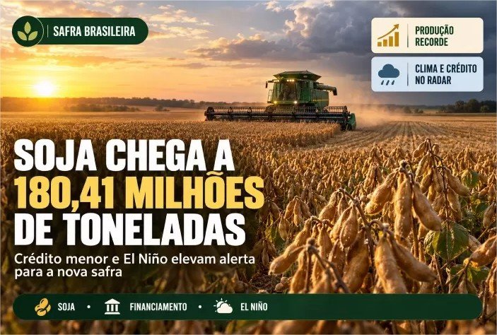 Soja chega a 180,41 milhões de toneladas, mas queda no crédito e El Niño elevam alerta para nova safra