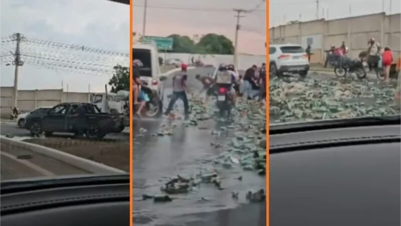 Acidente de caminhão “despeja” carga de Heineken na entrada do Tijucal e população saqueia; veja vídeo