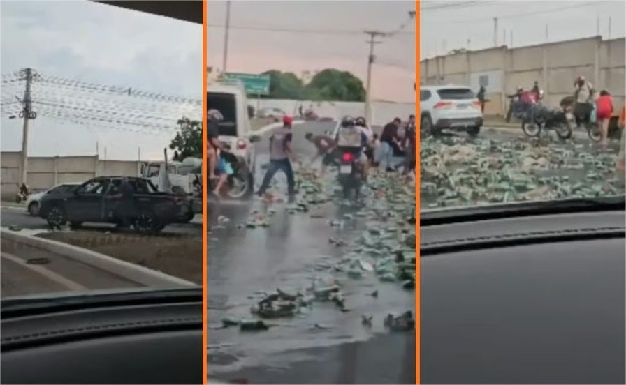 Acidente de caminhão “despeja” carga de Heineken na entrada do Tijucal e população saqueia; veja vídeo