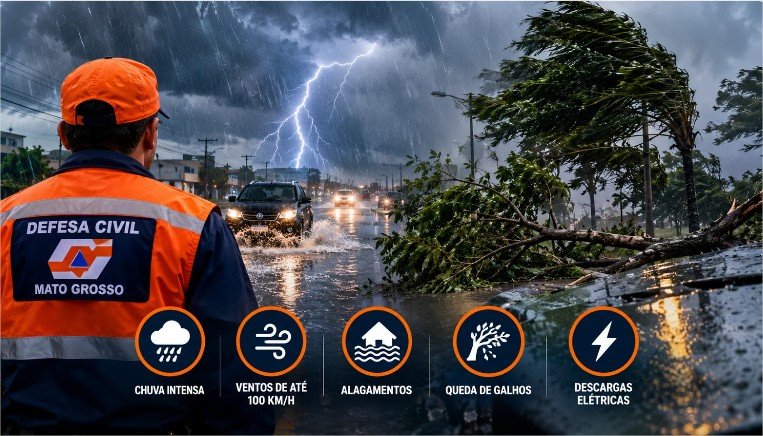 Defesa Civil alerta para chuva de até 60 mm/h e ventos de 100 km/h em Mato Grosso